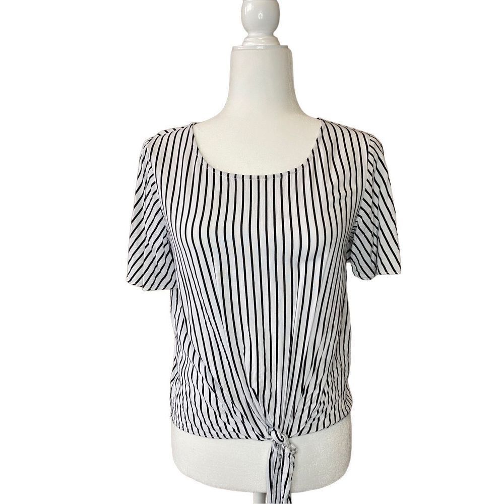 Socialite Black and White Tie Front Tee Blouse